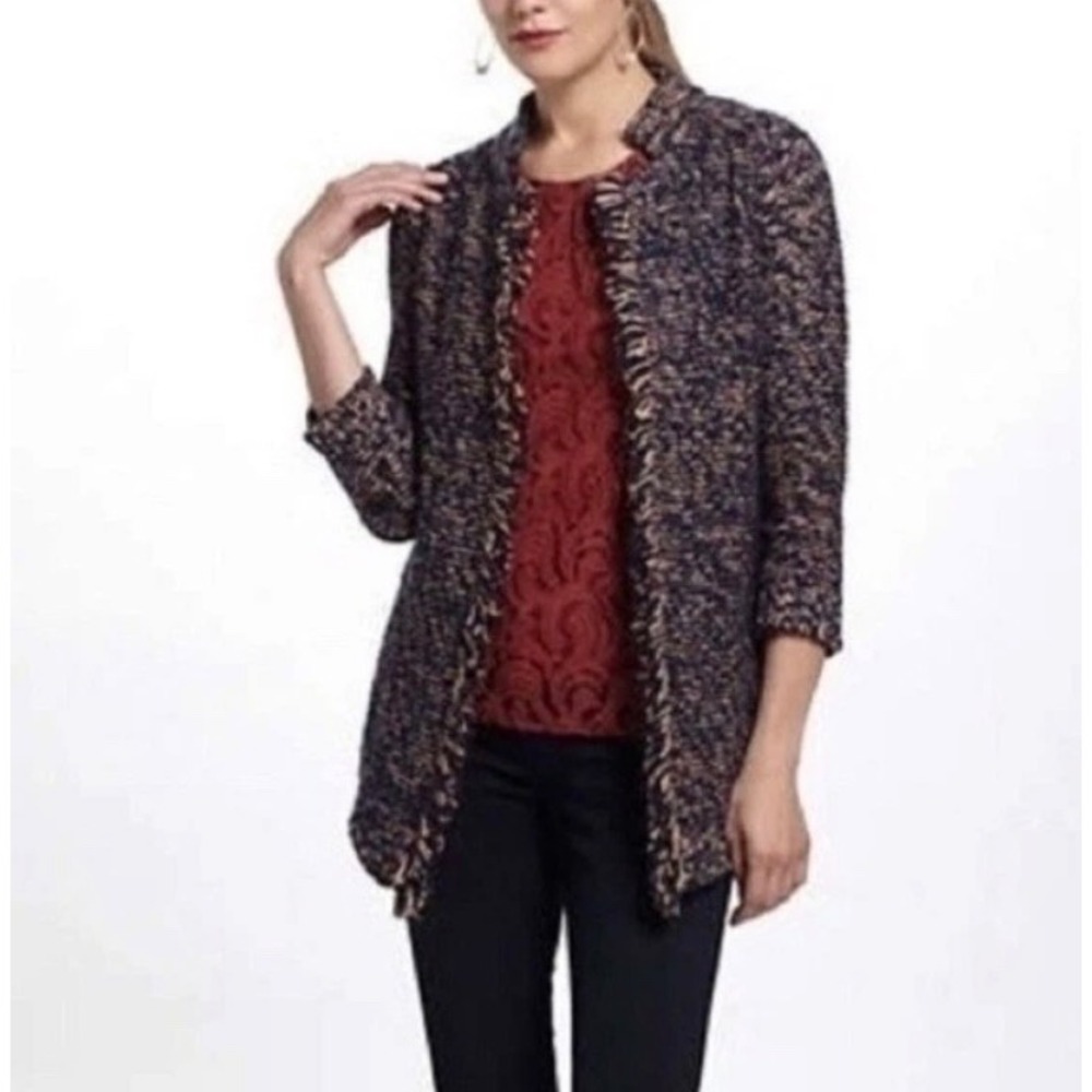 Sparrow Anthropologie Navy Tan Fringe Open Front Cardigan Sweater Wool Linen M